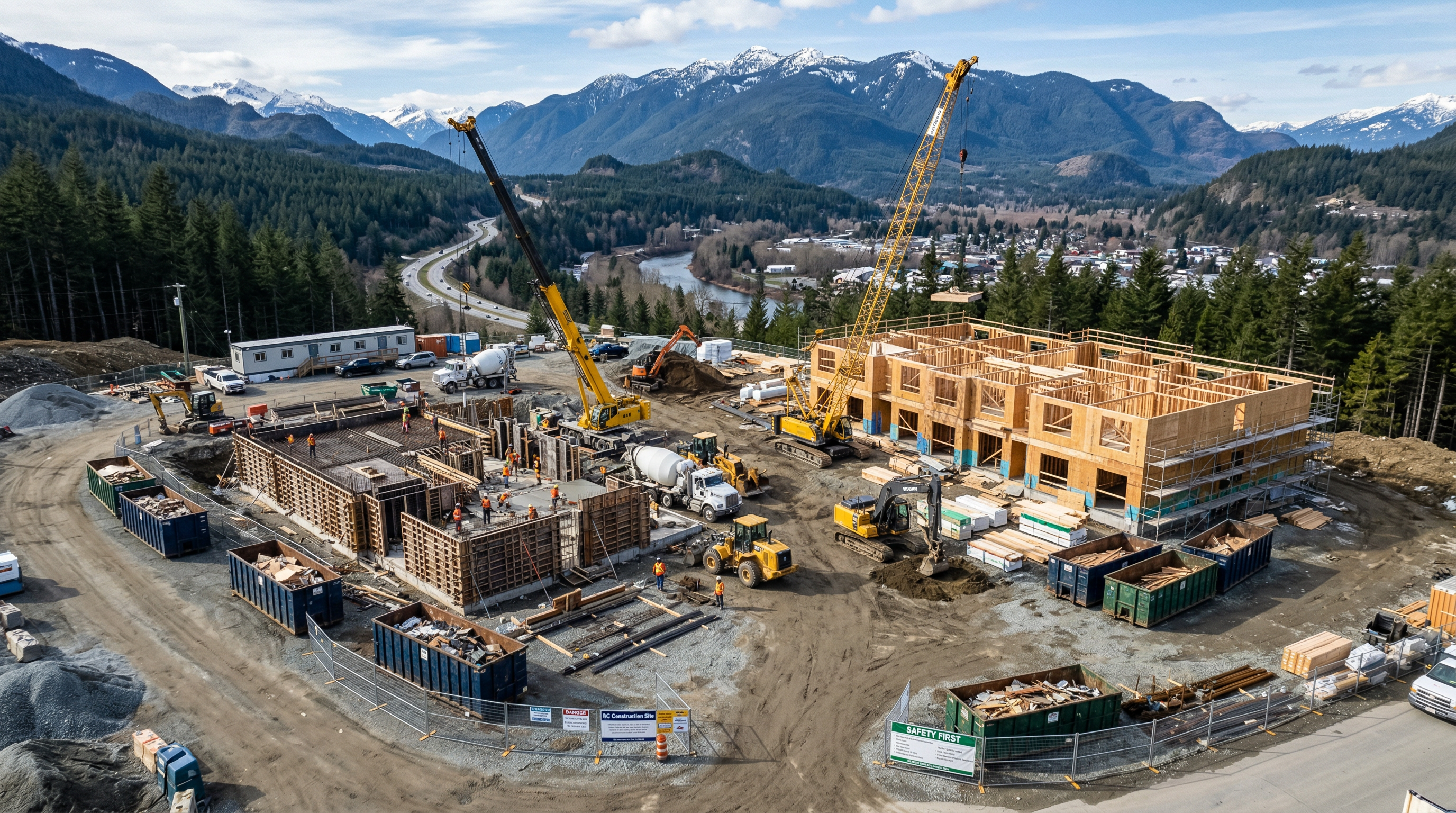 Aerial construction site with cranes and BC mountains