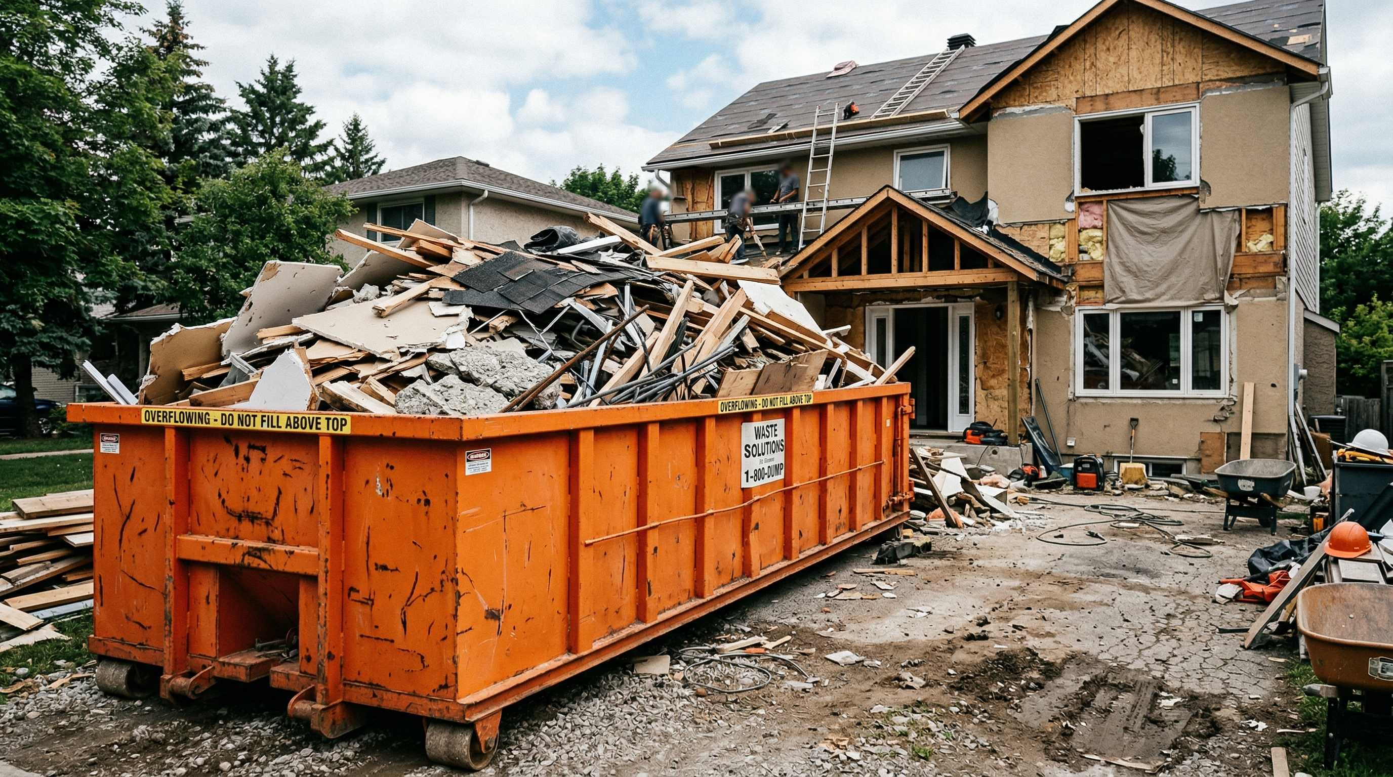 Orange roll-off bin overflowing with demolition debris at renovation site
