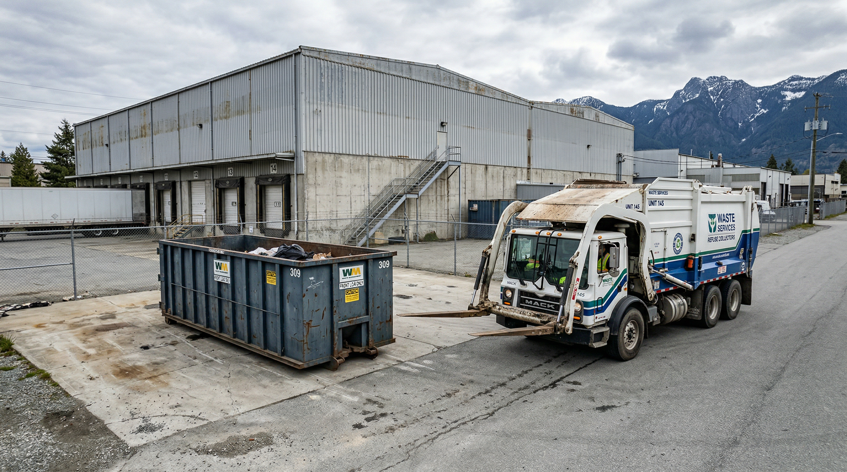 Front-load truck servicing warehouse bin