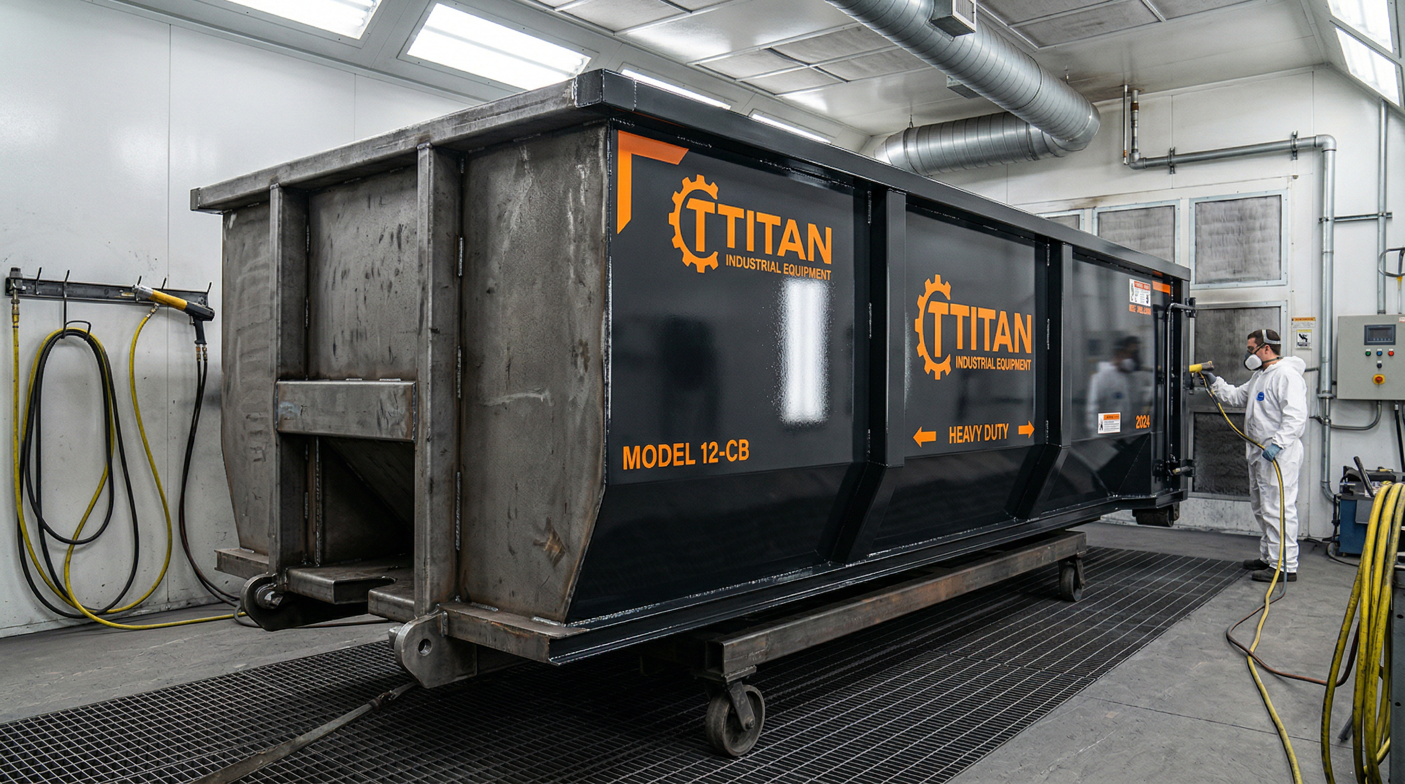 Industrial dumpster bin being painted in spray booth