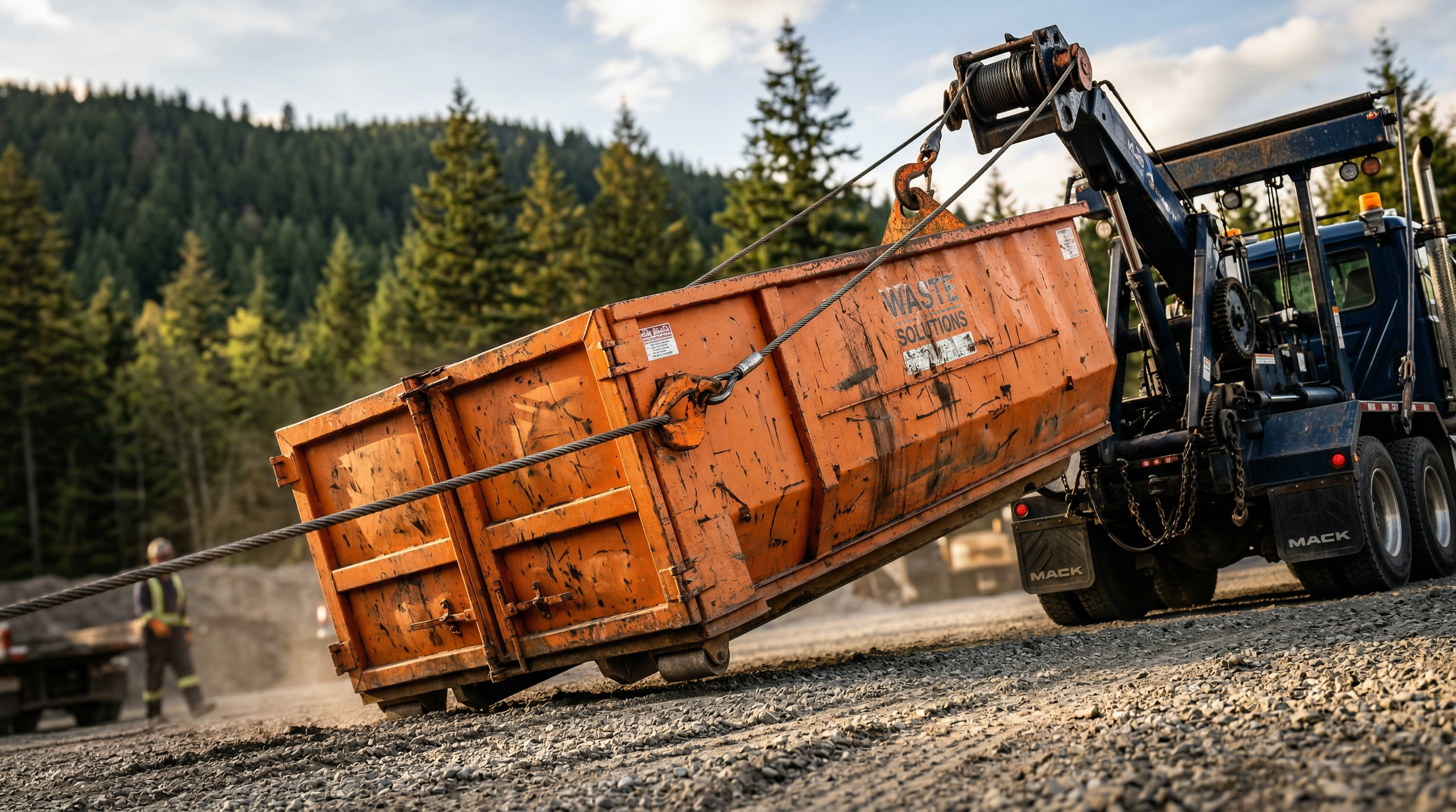 Roll-off bin being lowered from truck
