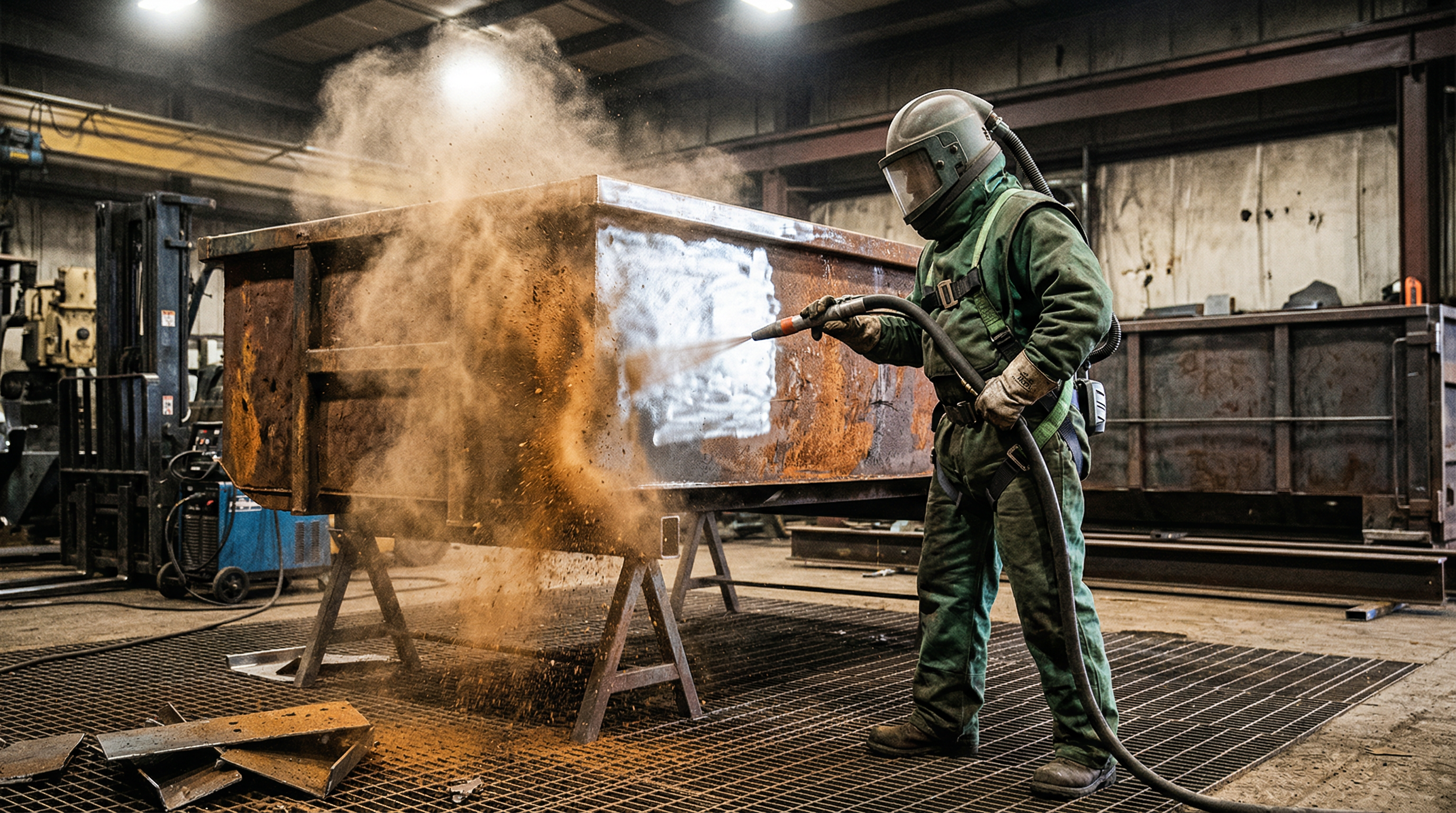 Industrial sandblaster in full gear blasting a bin body